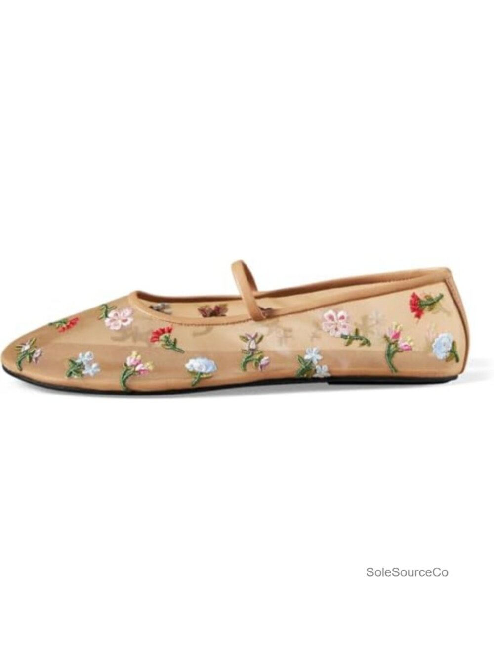 Women's Mesh Ballet Flats with Tulle Floral Embroidery Mary Jane Strap Round